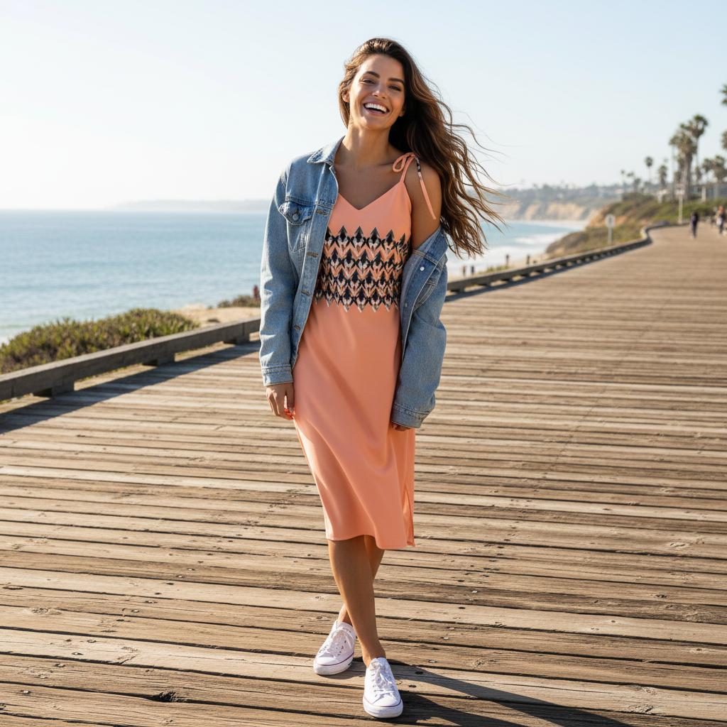 Woman in peach dress with denim jacket on boardwalk