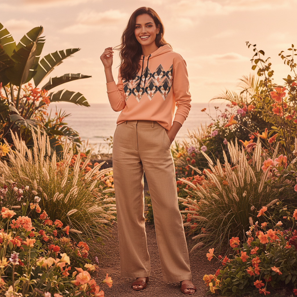 Woman in peach hoodie in coastal garden at sunset