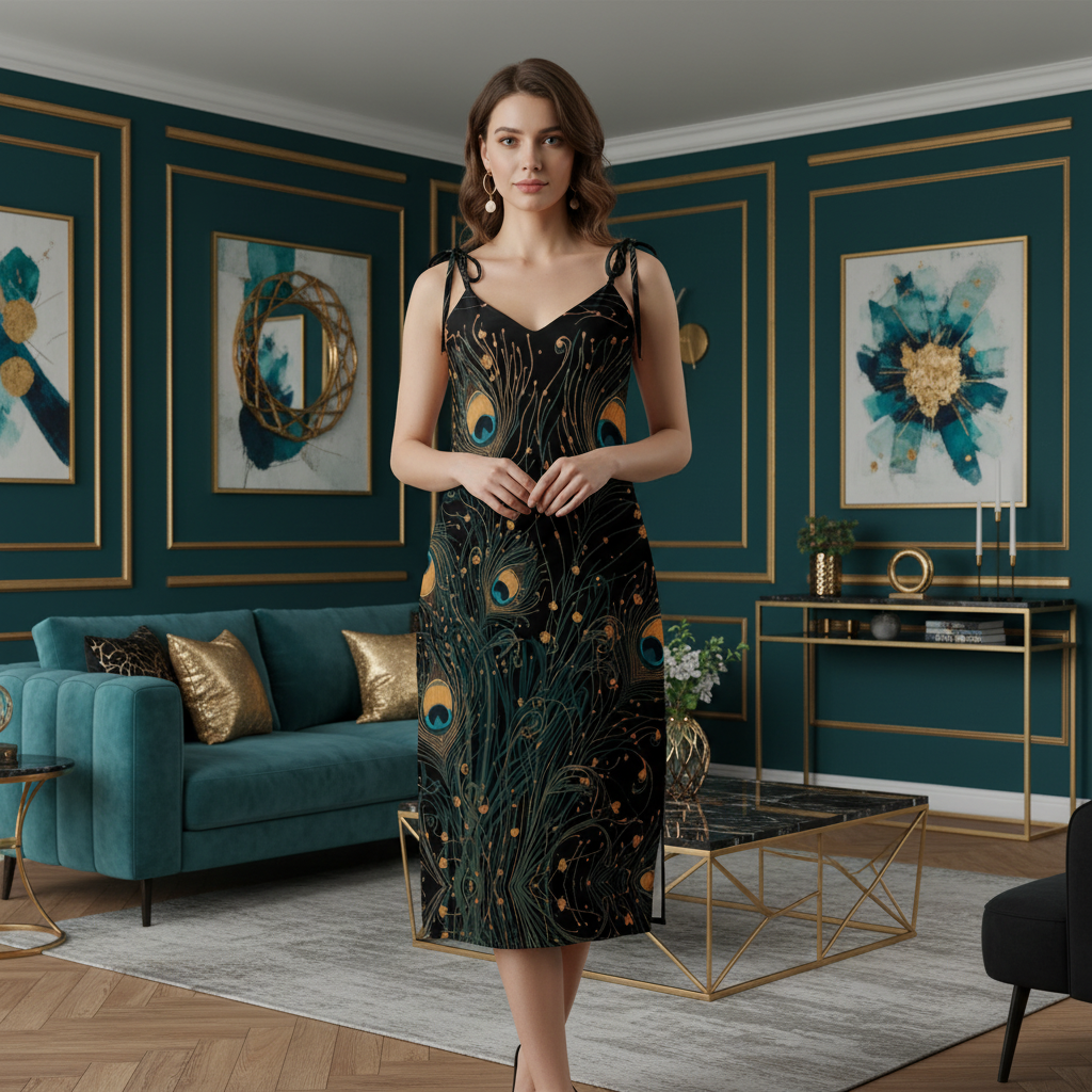 Woman in peacock dress interior