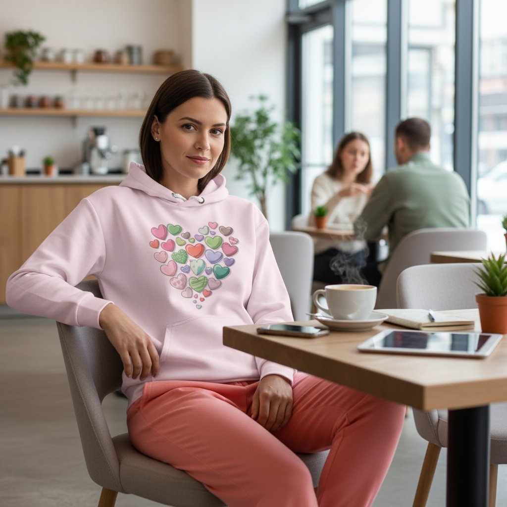 Woman in pink hearts hoodie with coral pink joggers