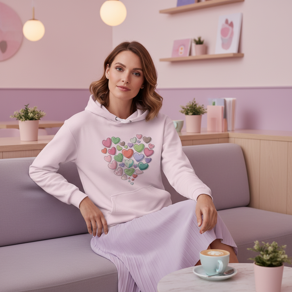 Woman in pink hearts hoodie with lavender pleated skirt