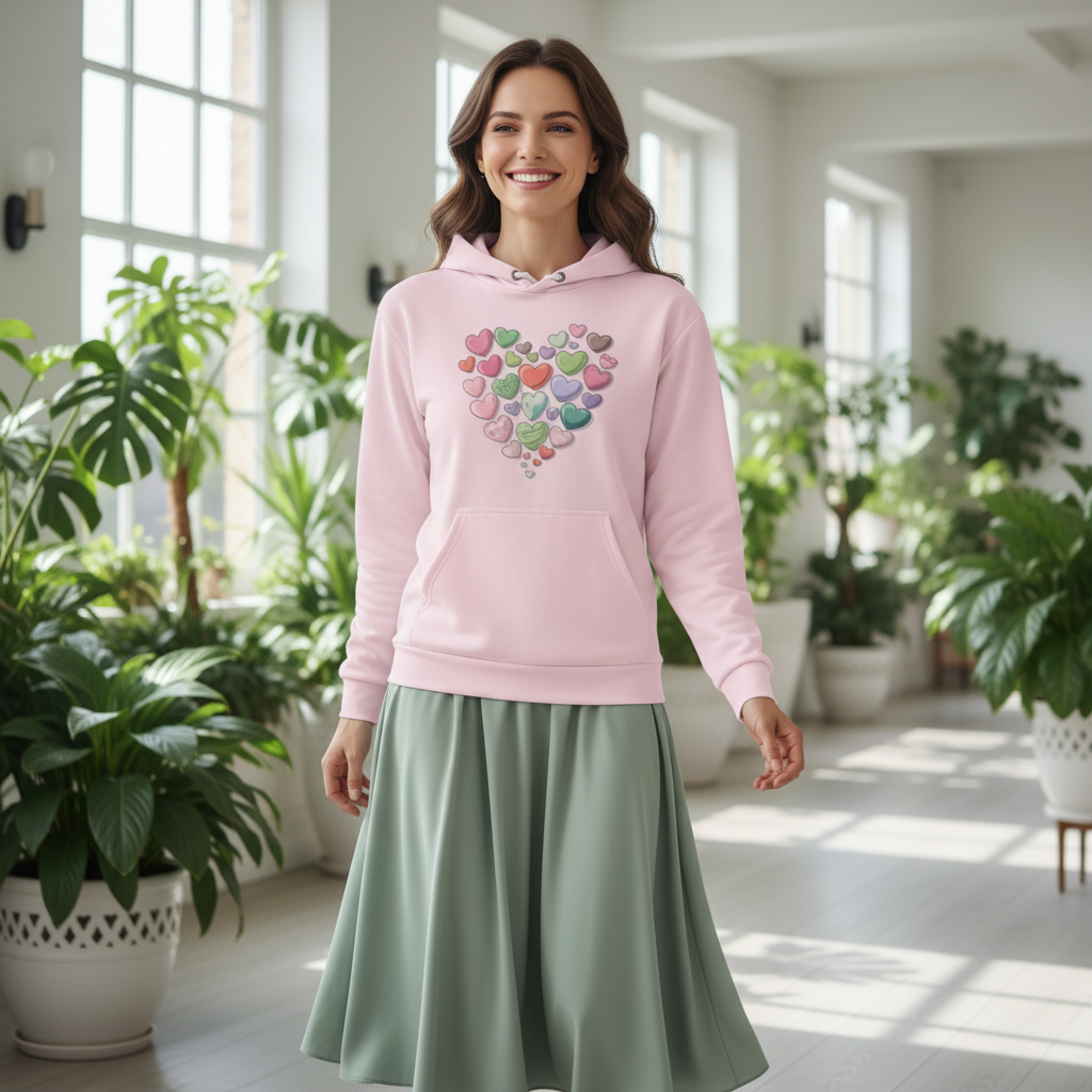 Woman in pink hearts hoodie with mint green midi skirt