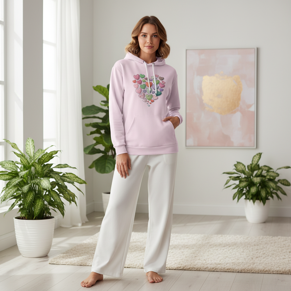 Woman in pink hearts hoodie with white wide-leg joggers