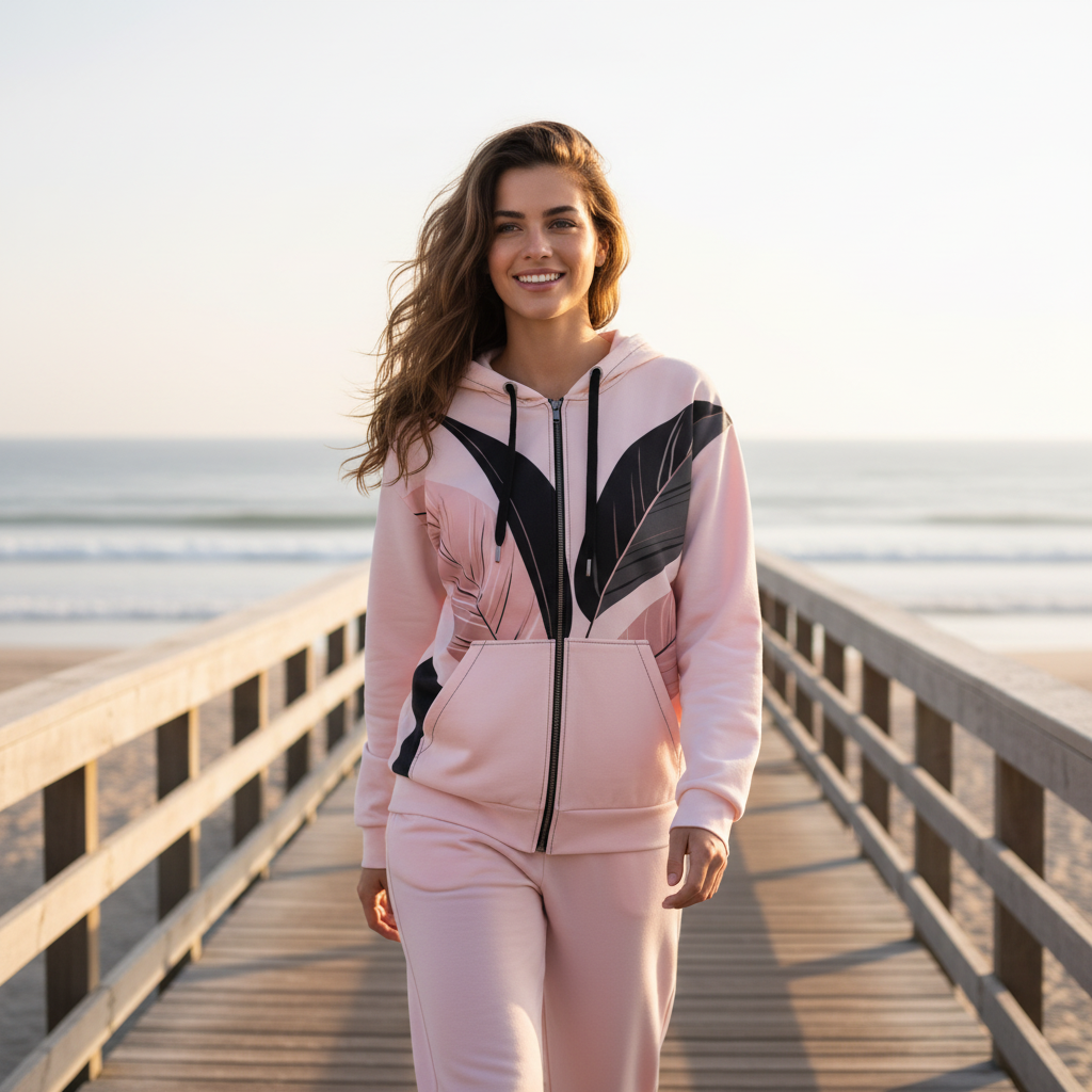 Woman in pink leaf pattern hoodie and pink track pants walking along coastal boardwalk with ocean views