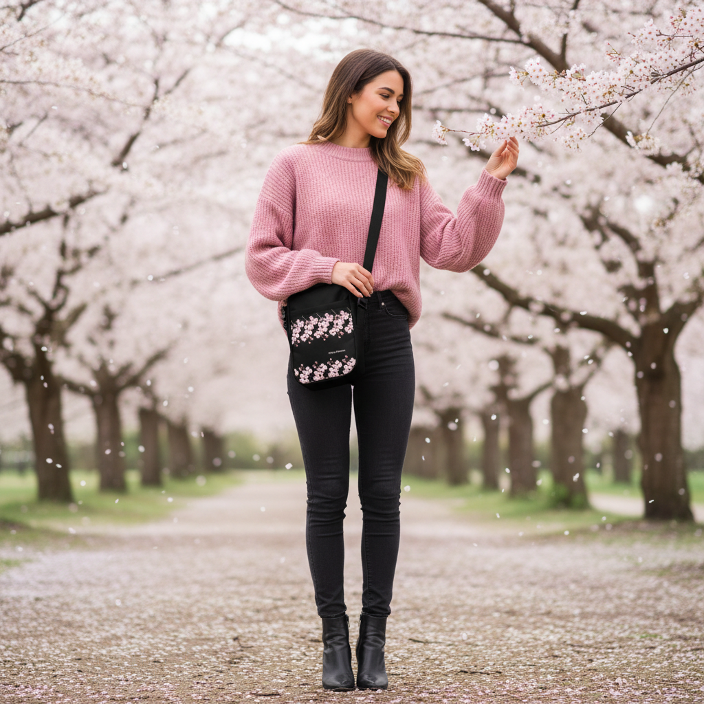 Woman in pink sweater with cherry blossom bag in blooming park