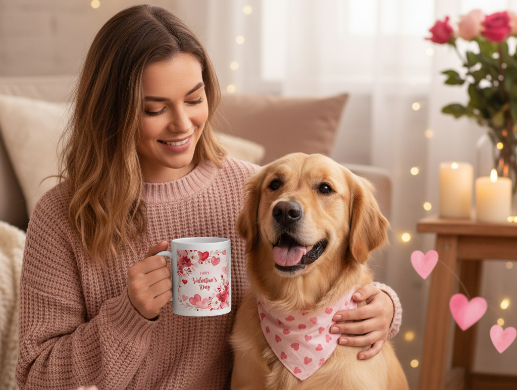 Woman in pink sweater with her dog in matching pink accessories holding Valentine's heart mug in cozy hygge setting showing their bond