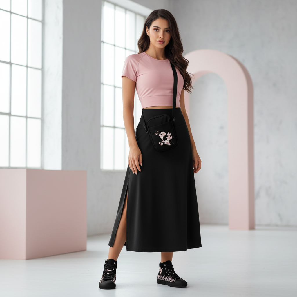 Woman in pink top and black skirt with sakura sneakers and bag