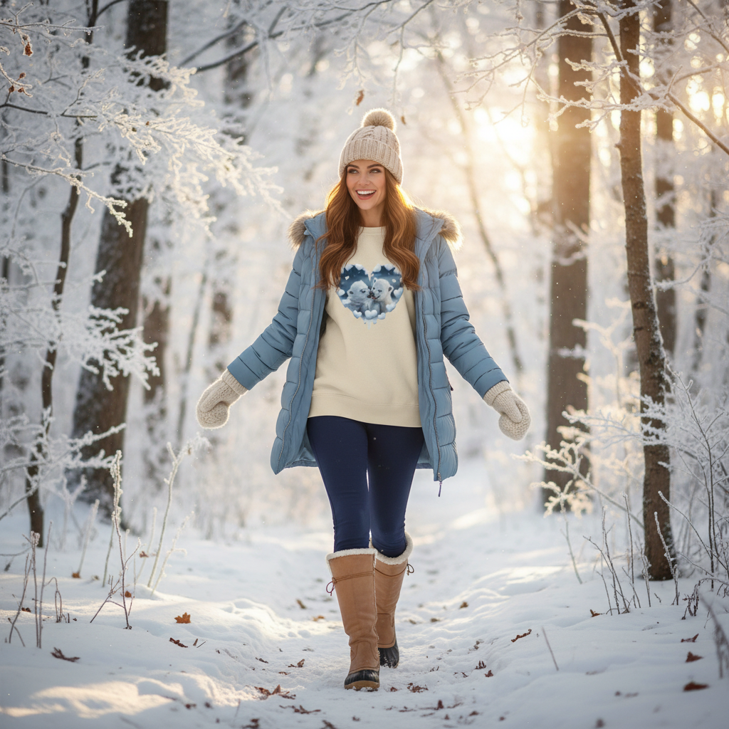 Woman in polar bear sweatshirt walking through winter forest