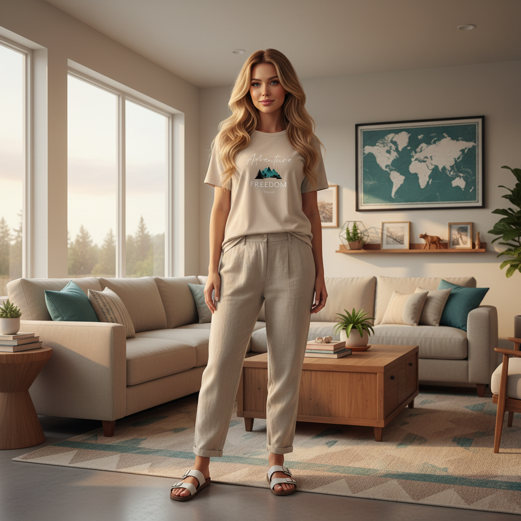 Woman in sand beige Adventure Freedom Travel t-shirt in bright living room