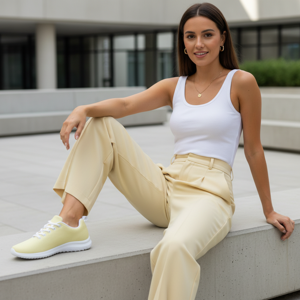 Woman in soft yellow trousers white tank with matching pale yellow shoes