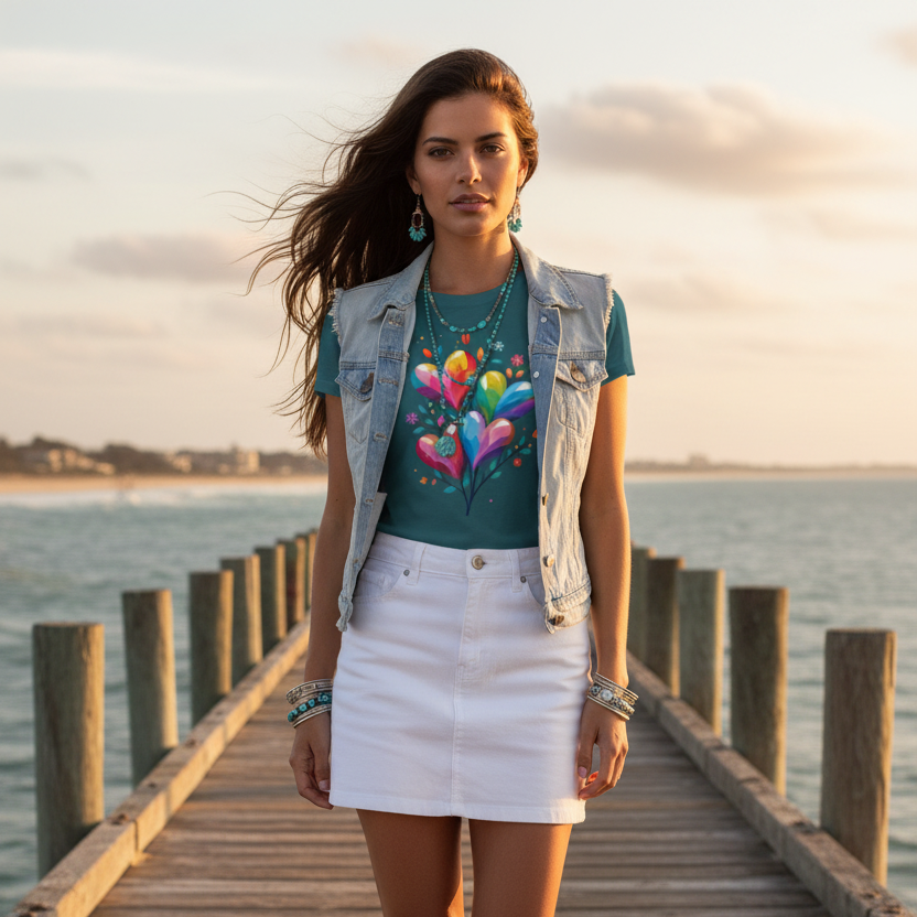 Woman in teal floral tee with white skirt and denim vest on coastal pier