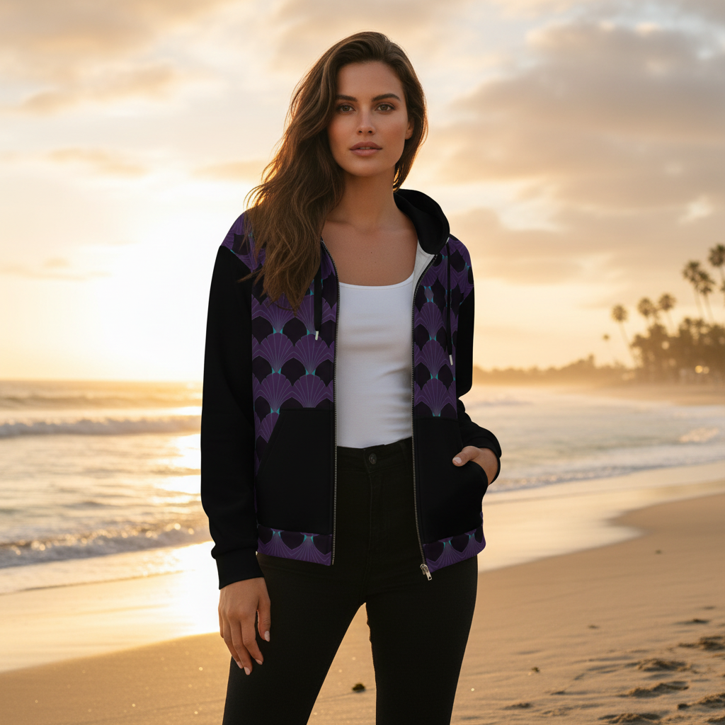 Woman in unzipped art deco hoodie on beach at sunset