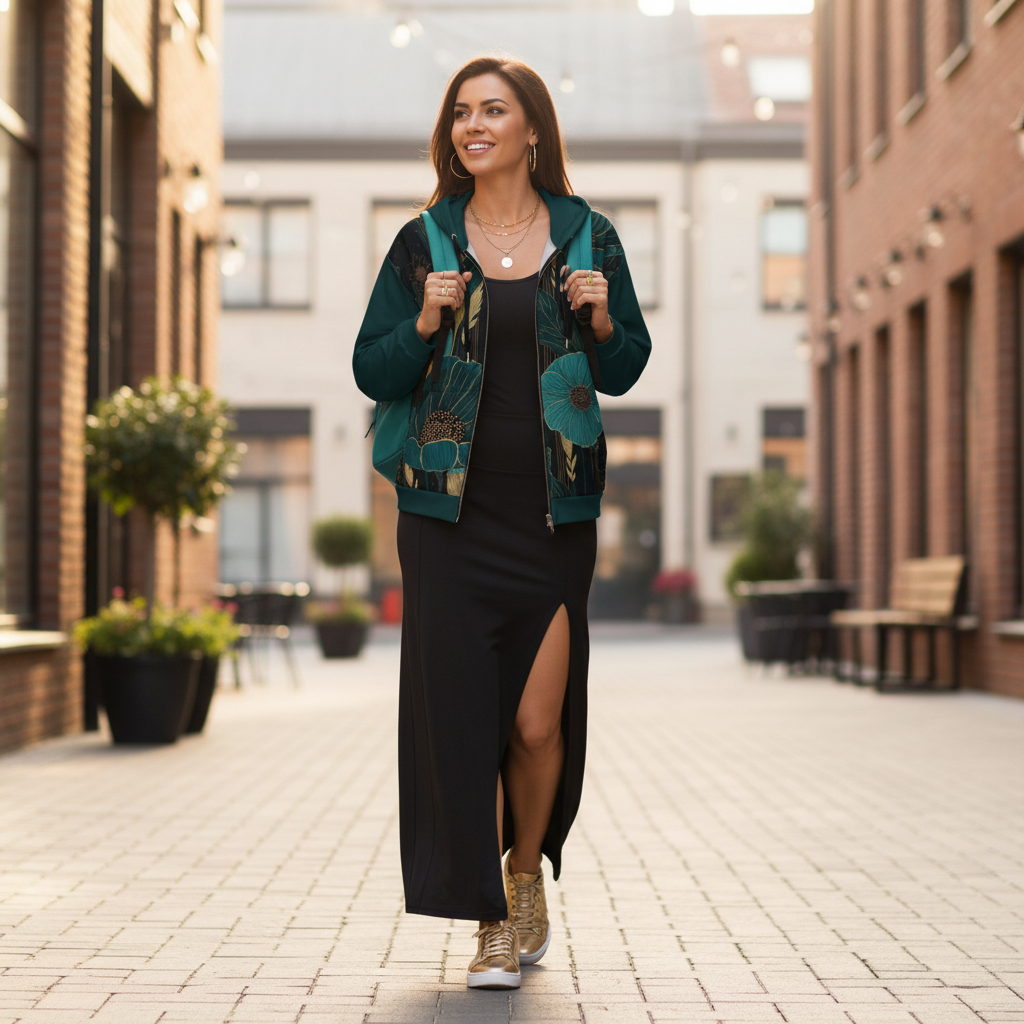 Woman in unzipped teal hoodie with long black athletic skirt