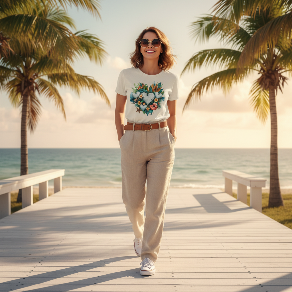 Woman in vintage white coastal hearts tee with beige linen pants