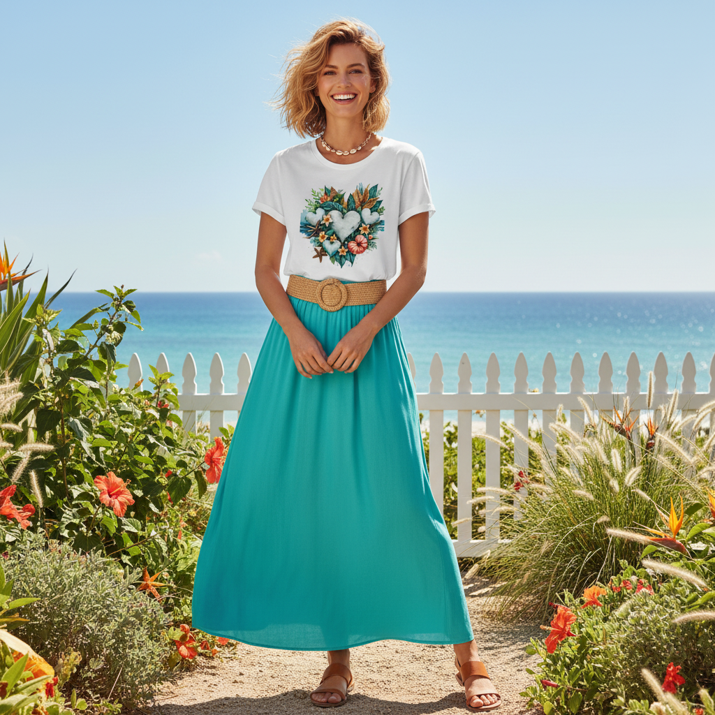 Woman in white coastal hearts tee with turquoise maxi skirt in garden