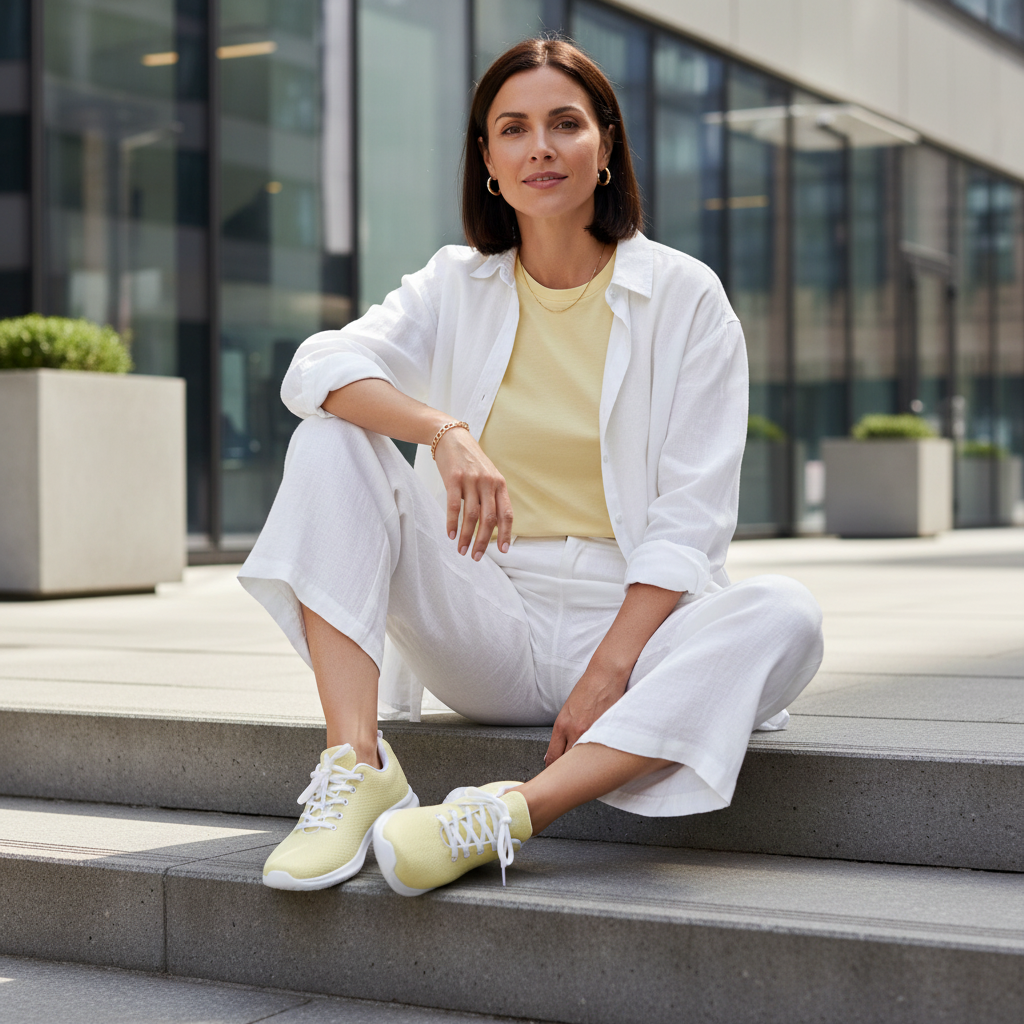Woman in white midi skirt soft yellow tee and linen shirt with pale yellow shoes