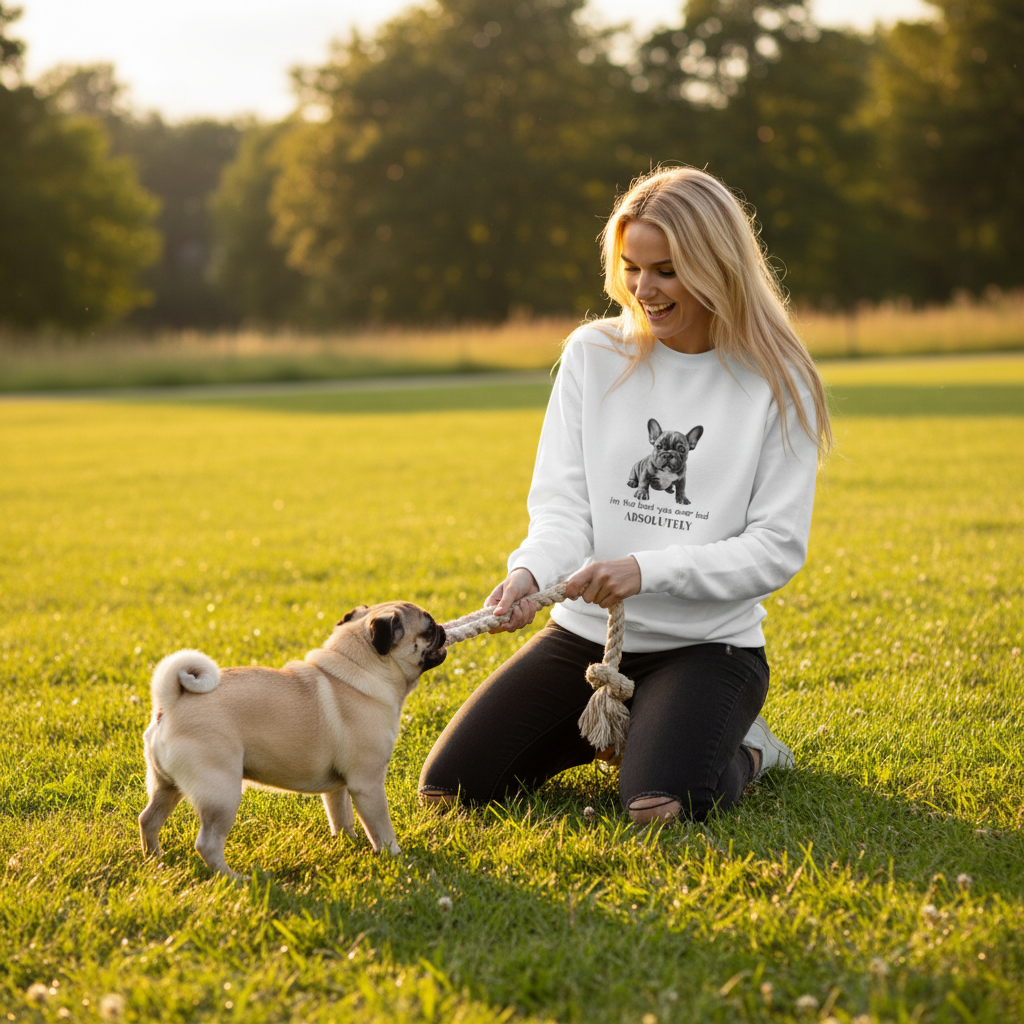 Woman in white sweatshirt playing tug-of-war with pug on grass