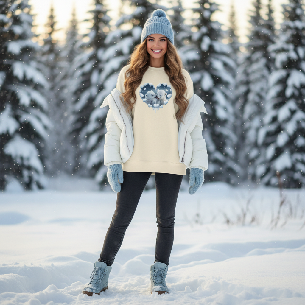 Woman in white sweatshirt with white jacket and blue accessories