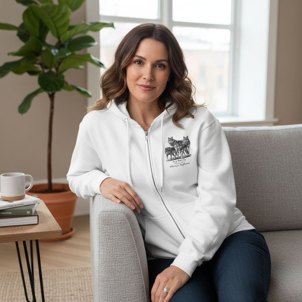 Woman in Wolf Hoodie Indoor Lifestyle