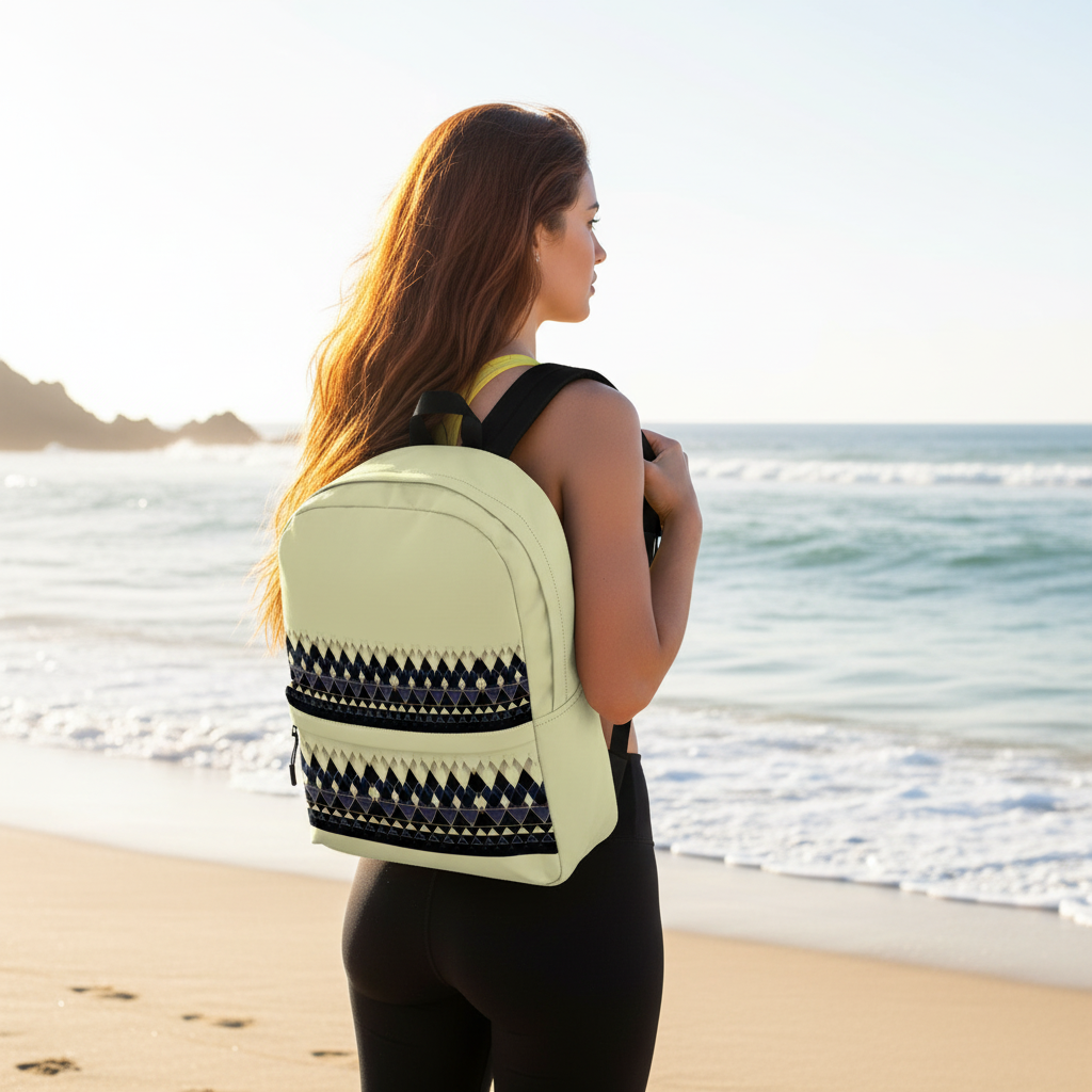 Woman in yellow and black sportswear backpack worn on back beach lifestyle