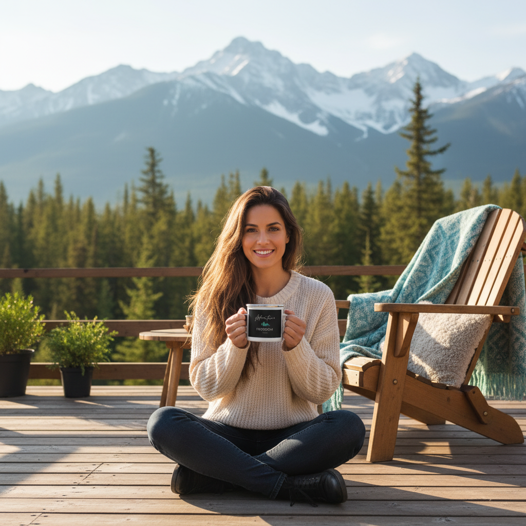 Woman on Canadian log cabin terrace with Adventure Freedom Travel enamel mug