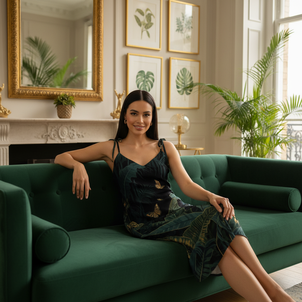 Woman on emerald sofa wearing tropical butterfly dress