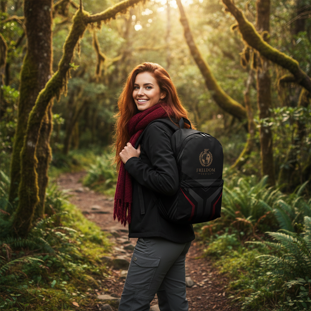 Woman on forest trail with Freedom Travel backpack