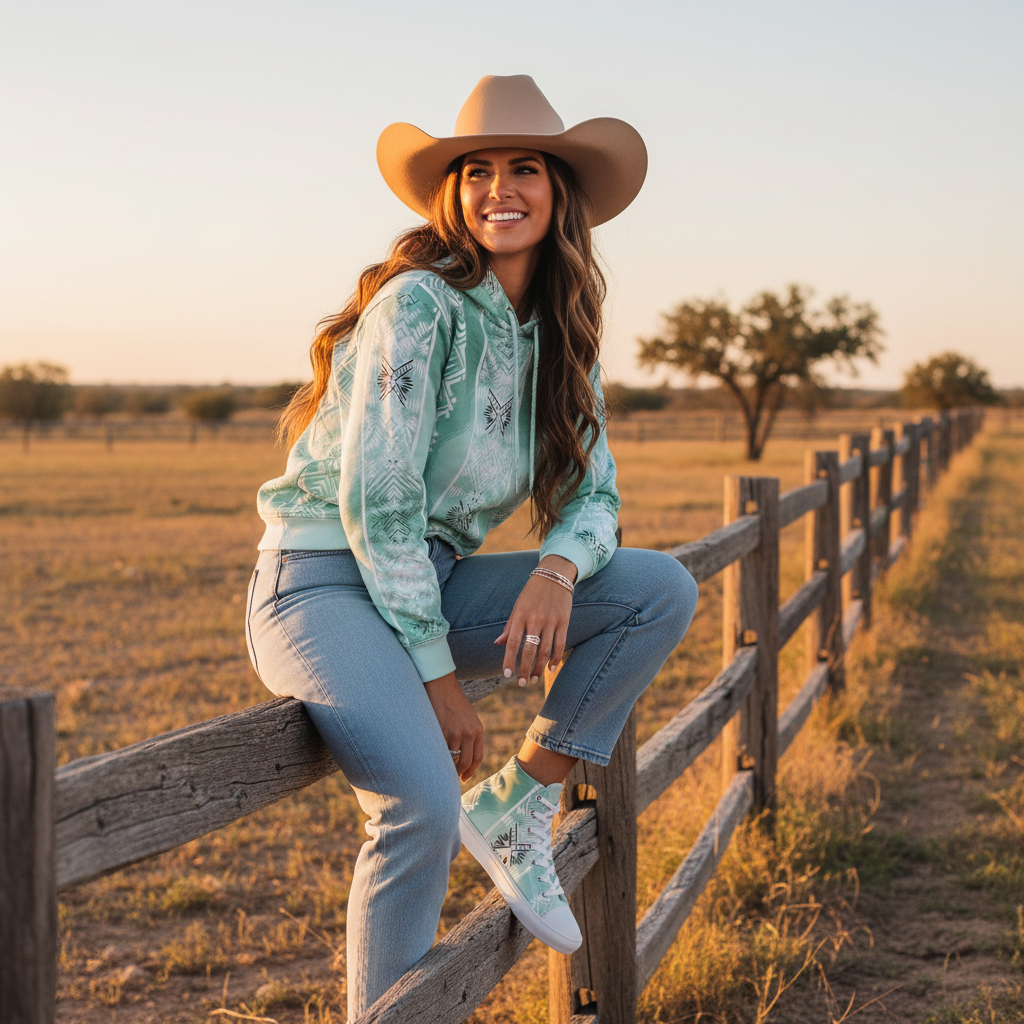 Woman on Texas fence in geometric mint hoodie with matching mint high-tops and jeans