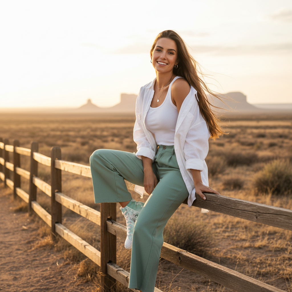 Woman on Texas fence in mint trousers white tank with mint and white geometric high-tops close-up