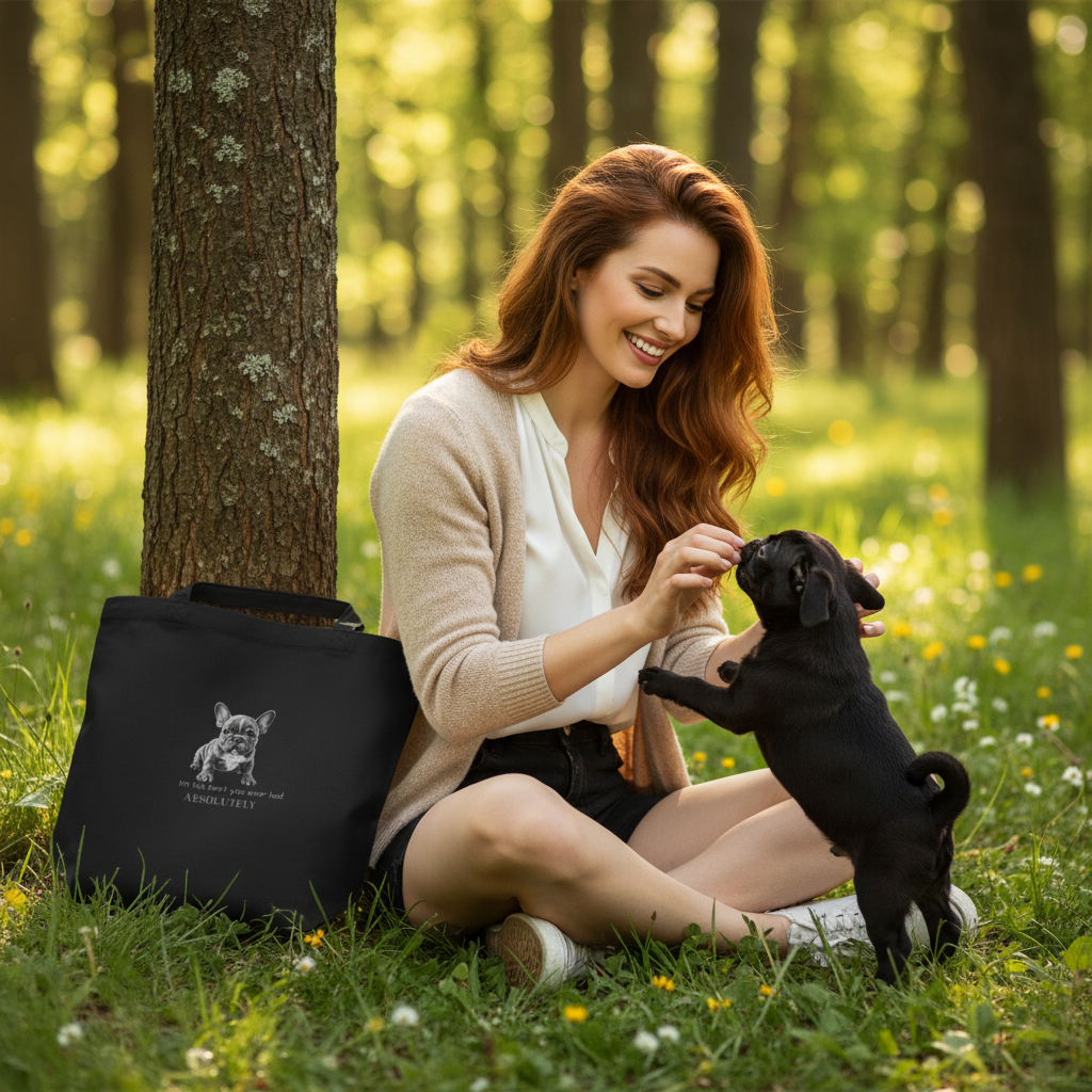 Woman playing with black pug in forest clearing with tote bag against tree