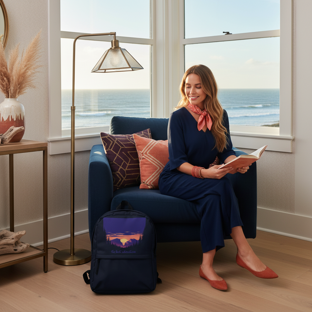 Woman relaxing in cozy coastal reading nook