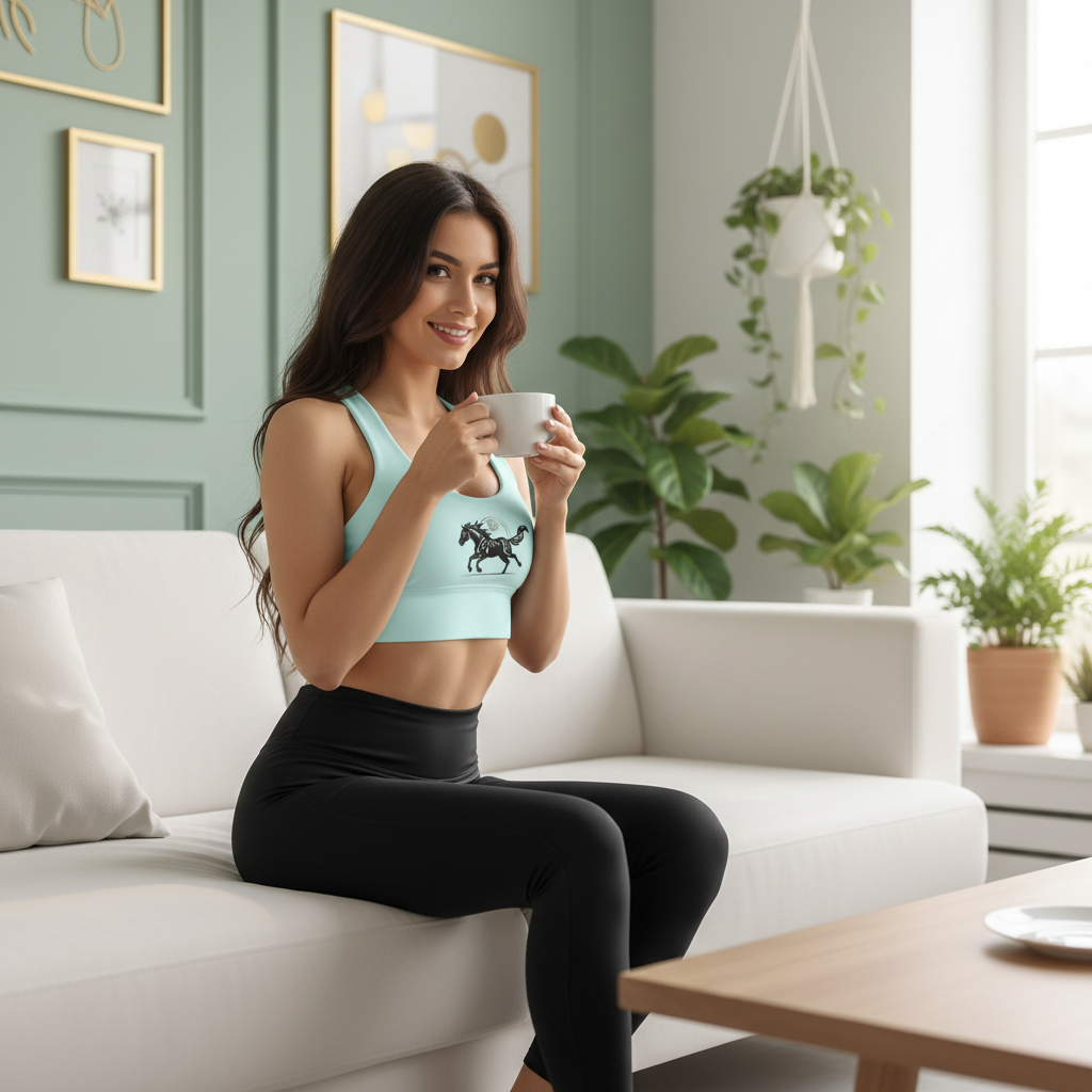 Woman relaxing on sofa in mint sports bra with horse graphic and black leggings holding coffee