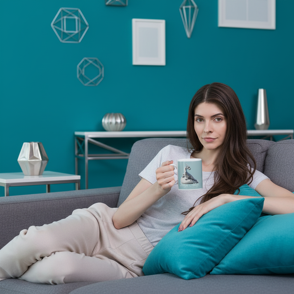 Woman relaxing in modern living room with turquoise and grey décor holding white glossy ceramic mug with silver dragon design - perfect for fantasy lovers and mystical coffee momentscushions