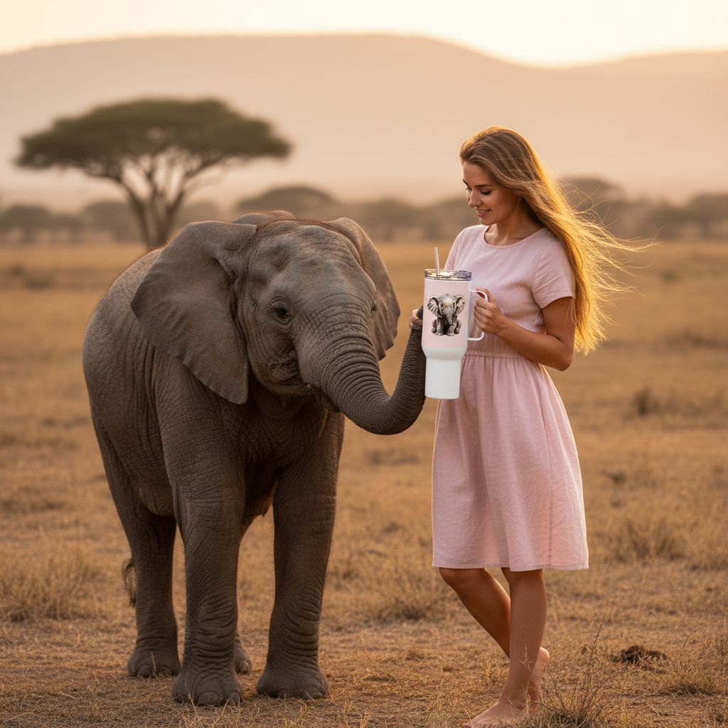 Woman simple casual pink summer dress same height elephant holding travel mug near trunk heartwarming
