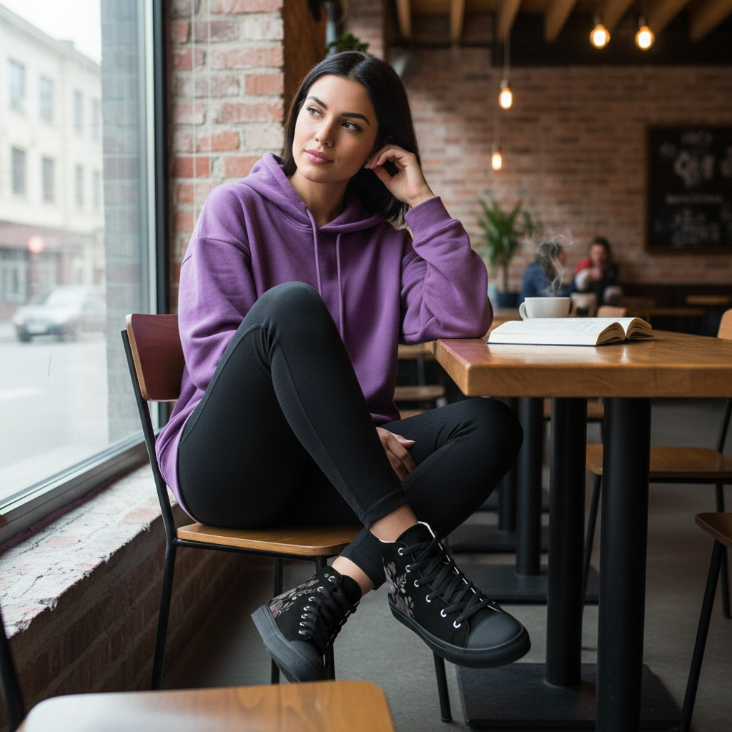 Woman sitting at cafe in purple hoodie with floral sneakers featured