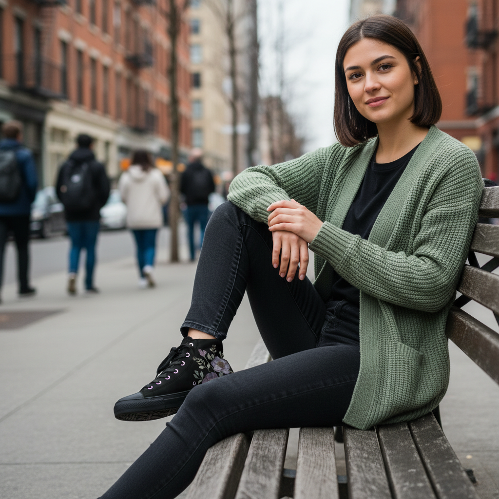 Woman sitting on bench in sage cardigan with floral sneakers visible