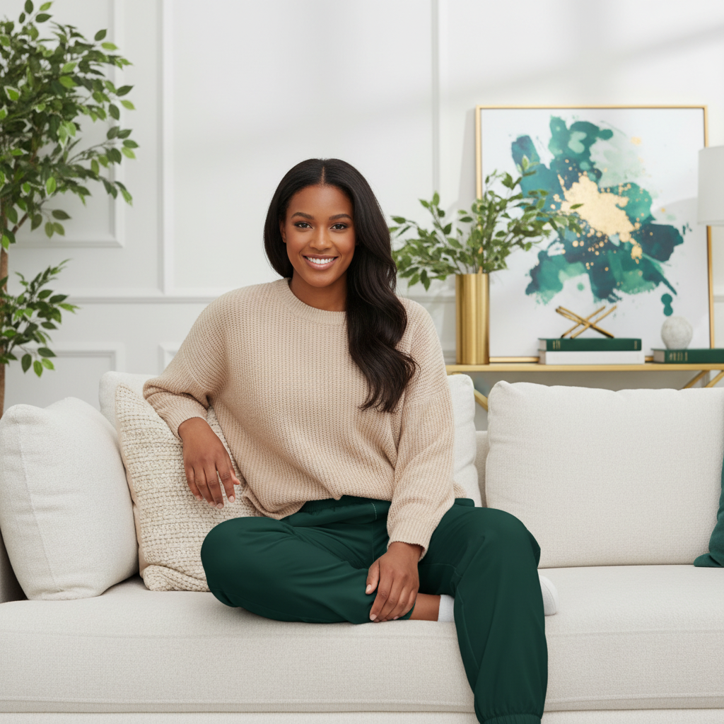 Woman sitting on sofa wearing emerald green track pants and cream oversized sweater in elegant interior