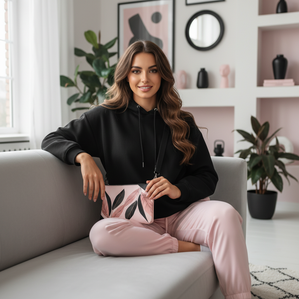 Woman sitting on sofa wearing pink track pants and black hoodie with pink black botanical crossbody bag