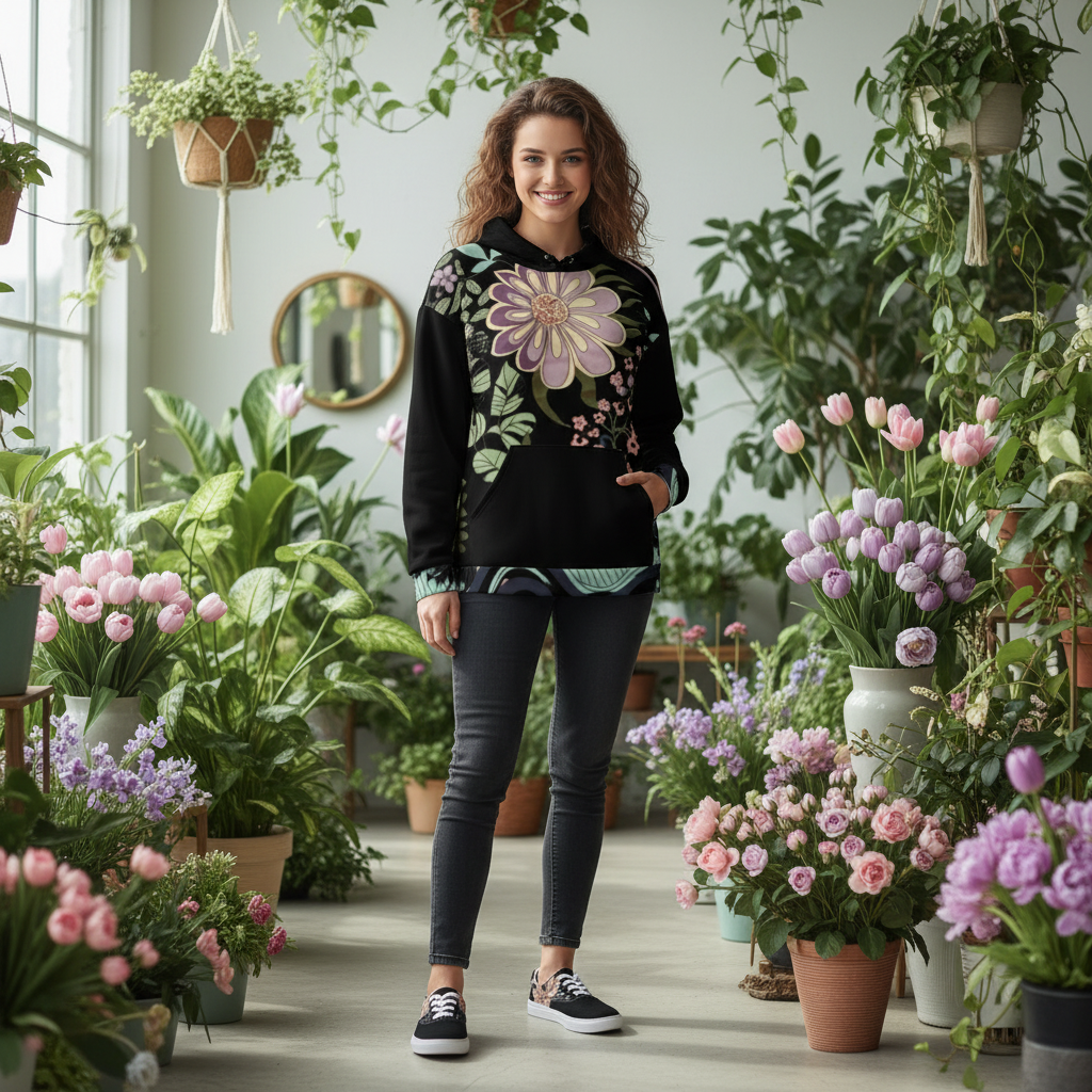 woman standing in floral hoodie and shoes there are amazing flowers around 
