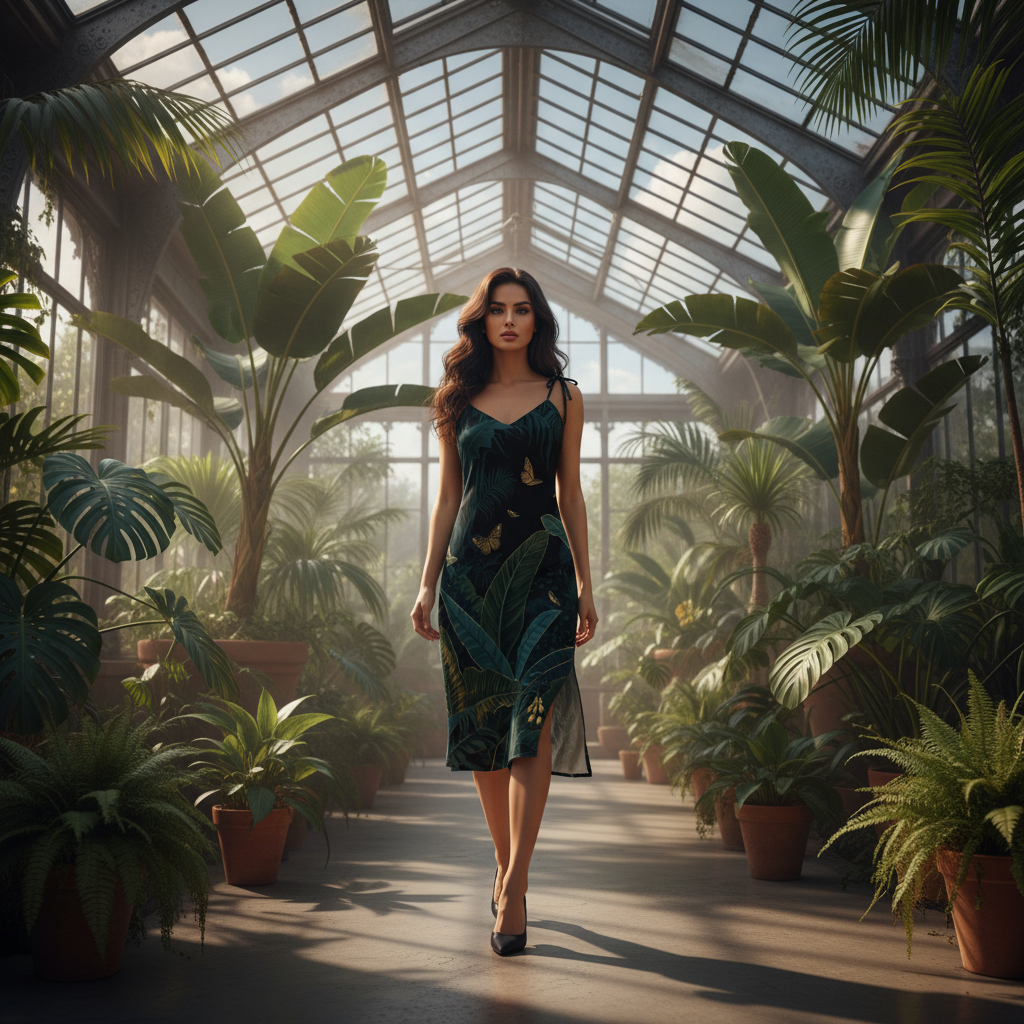 Woman walking through botanical conservatory in emerald dress