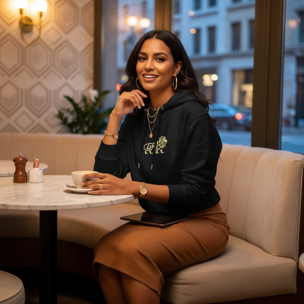 Woman wearing black gold lion hoodie untucked over cognac brown midi skirt in luxurious cafe
