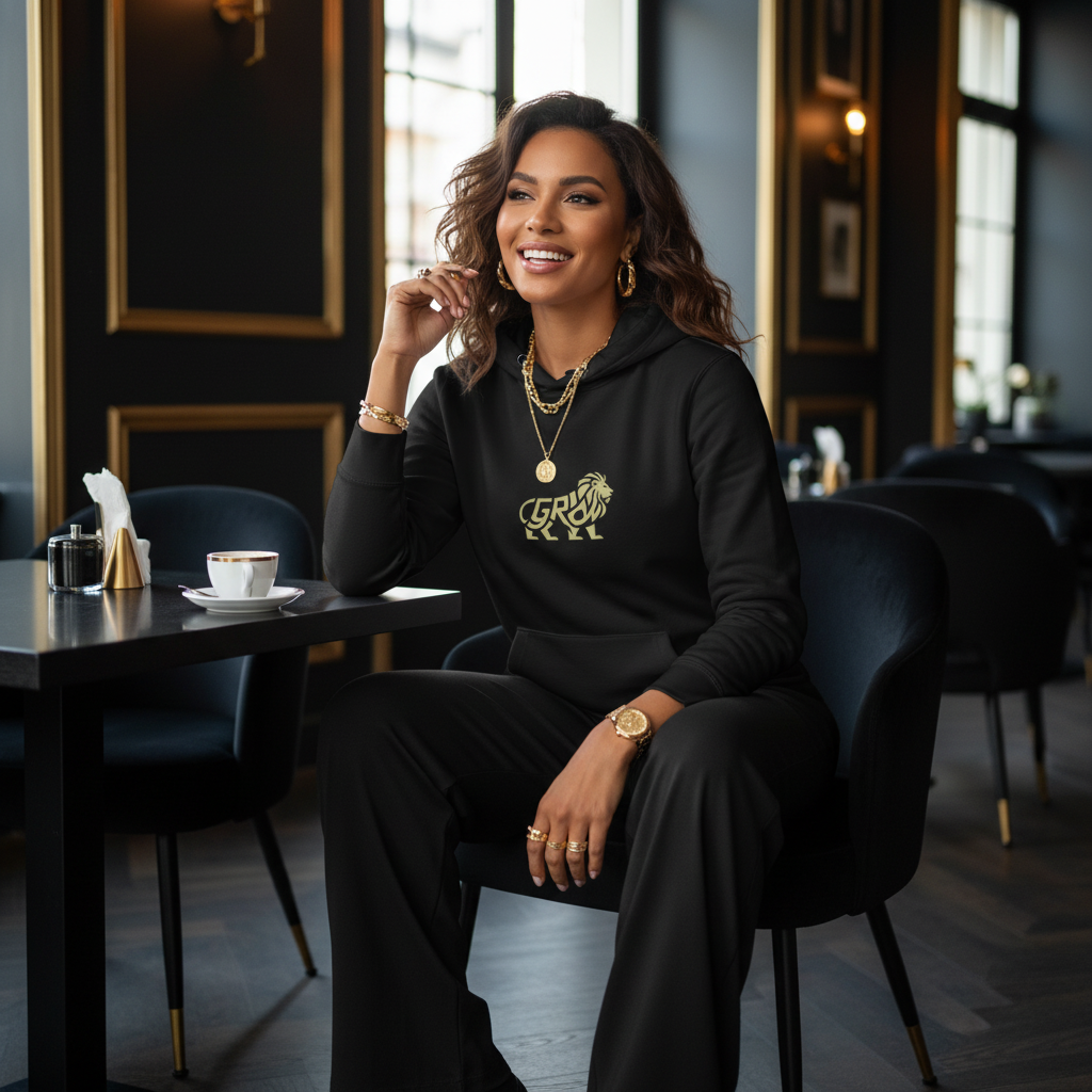 Woman wearing black gold lion hoodie with black wide-leg trousers in luxurious cafe
