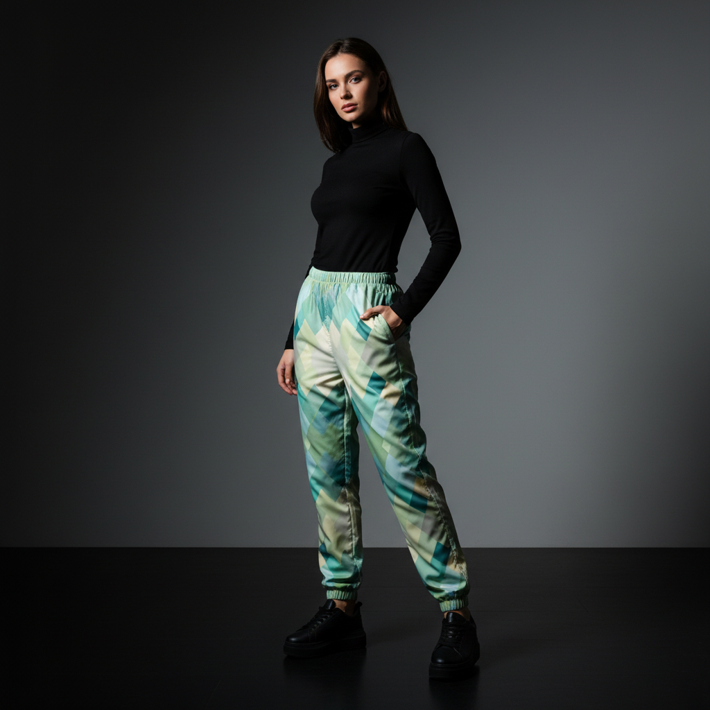 Woman wearing black turtleneck turquoise geometric track pants dark background dramatic lighting statement piece edgy fashion