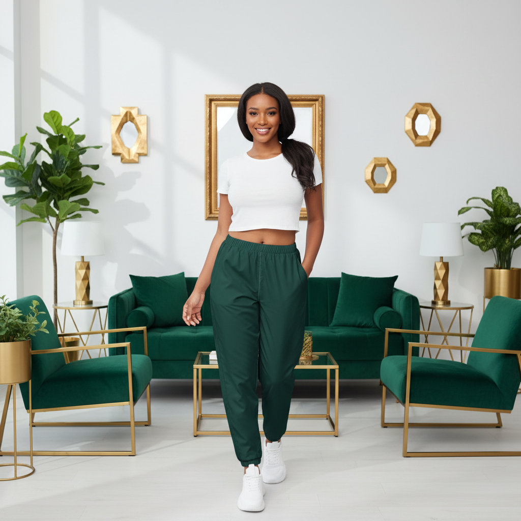 Woman wearing emerald green track pants and white crop top in modern interior with green and gold accents