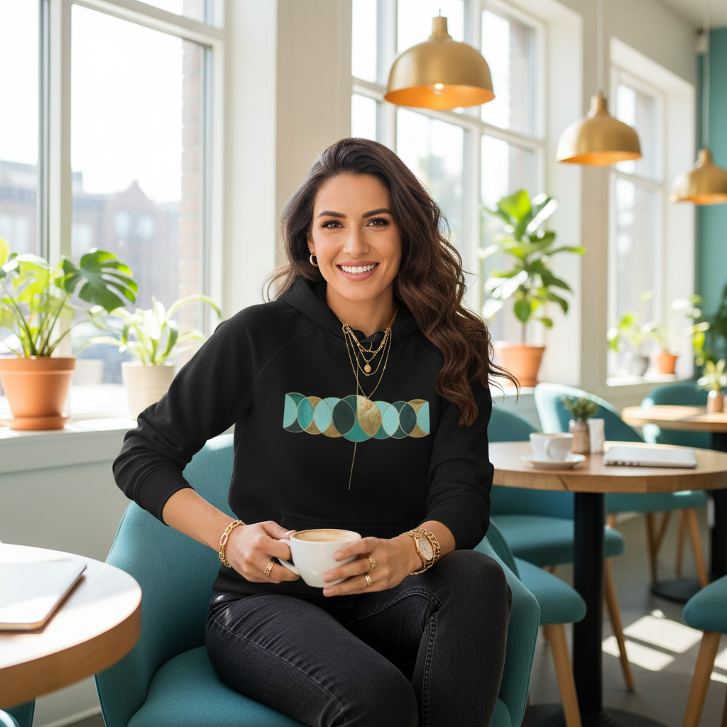Woman wearing geometric hoodie relaxing in bright sunny cafe with teal chairs and gold lights