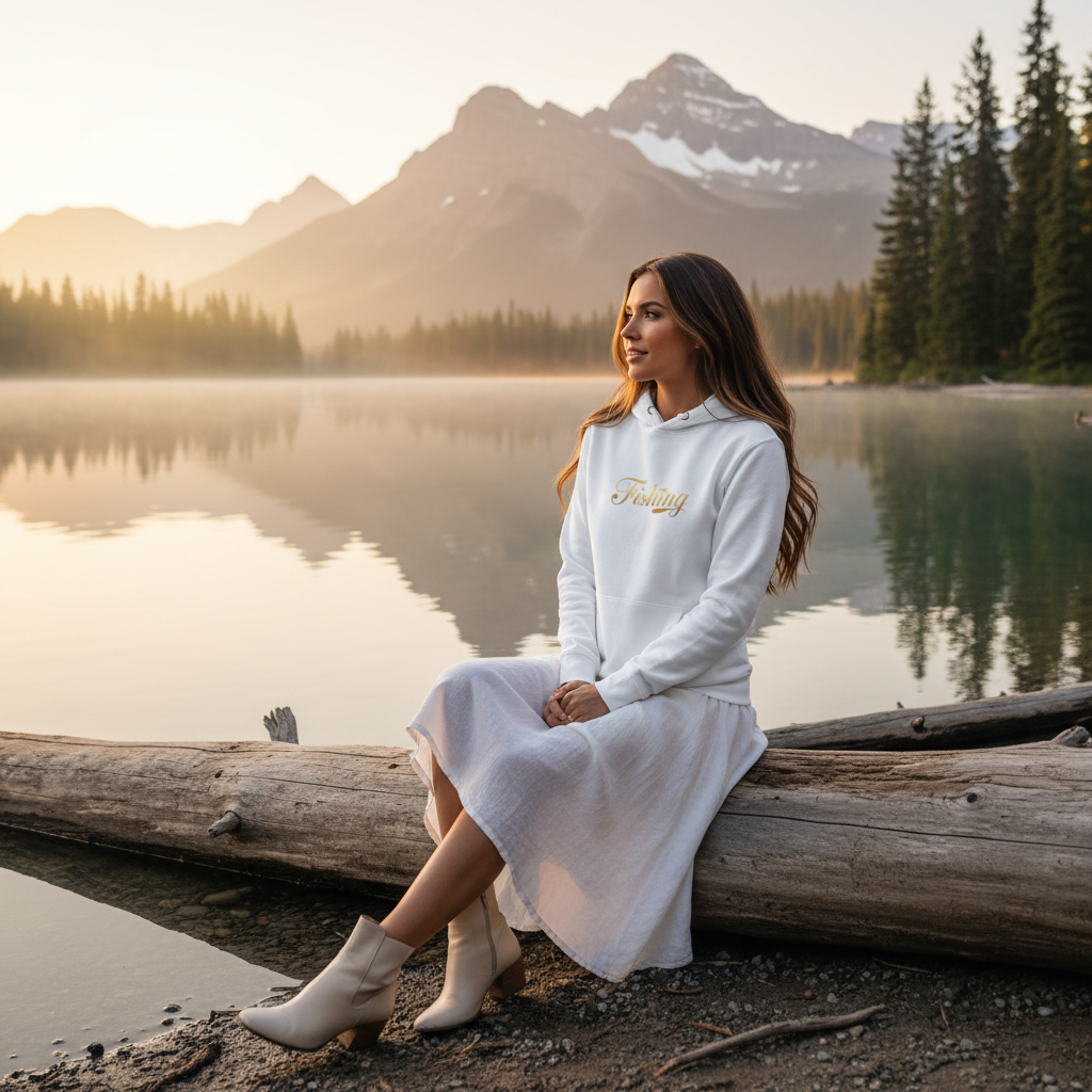 Woman wearing white Fishing hoodie with white midi skirt by Canadian lake with mountains