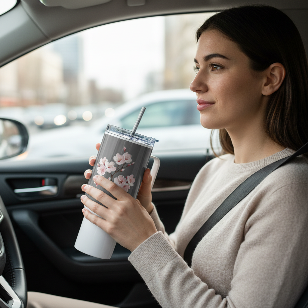 Woman with 40oz cherry blossom travel mug in car