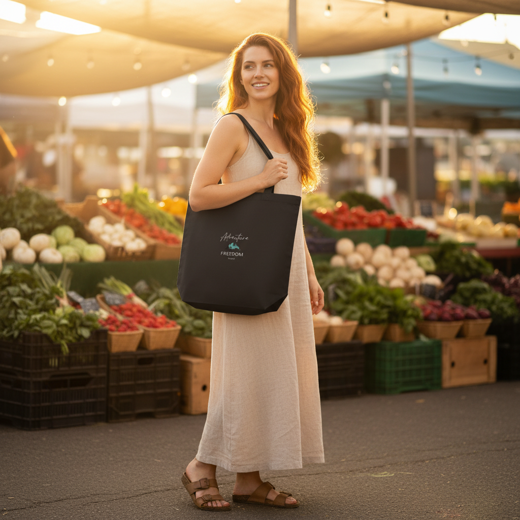 Woman with black Adventure Freedom Travel tote bag at farmers market