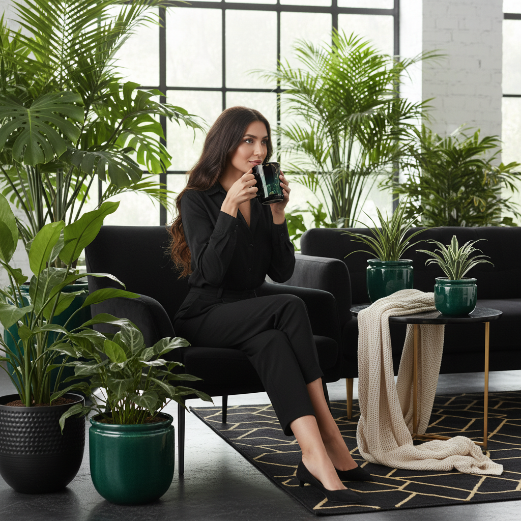 Woman with Emerald Plants mug in luxury room with black furniture