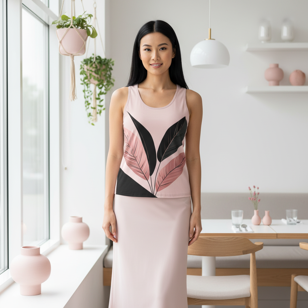 Woman with long black hair wearing pink leaf pattern tank top and blush pink skirt standing by window in Nordic restaurant